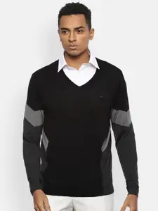 Van Heusen Men Black & Grey Colourblocked Pure Cotton Pullover