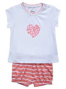 milou Girls White & Pink Printed Pure Cotton T-Shirt With Shorts