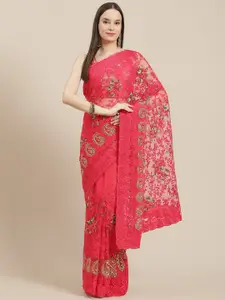 Chhabra 555 Coral & Gold-Toned Embellished Embroidered Net Saree