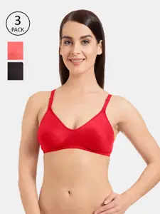 KOMLI Pack Of 3 Red & Black Solid T-Shirt Bras - Non-Wired Non-Padded
