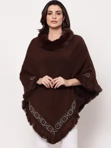 Mafadeny Women Brown Poncho with Fringed Detail