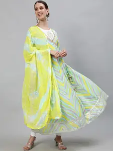 Ishin Women Blue & Green Leheriya Striped Gotta Patti Kurta with Dupatta