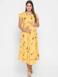 AV2 Women Yellow & Orange Printed Maternity Midi Dress