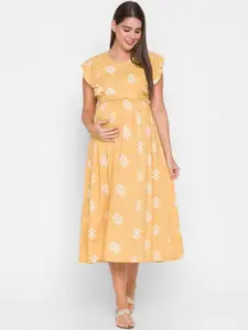 AV2 Women Yellow & White Printed Maternity Midi Dress