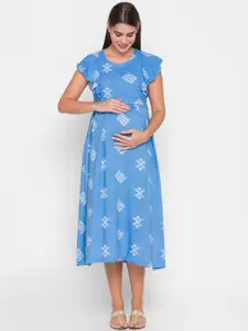 AV2 Blue & White Geometric Round Neck Maternity Fit & Flare Dress
