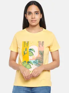 People Women Yellow Printed Tropical Pure Cotton T-shirt