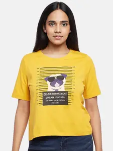 People Women Mustard Yellow Printed Drop-Shoulder Sleeves Applique T-shirt