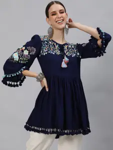 Ishin Women Navy Blue Embroidered Fit and Flare Top