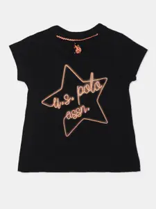 U.S. Polo Assn. Kids Girls Black Printed Extended Sleeves Raw Edge T-shirt
