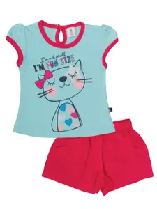 Little Folks Girls Sea Green & Red Printed T-shirt with Shorts