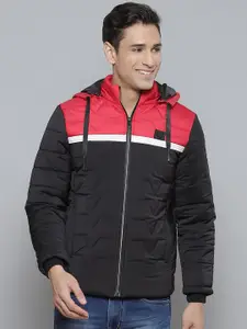 Fort Collins Men Black & Red Colourblocked Padded Jacket with Detachable Hood