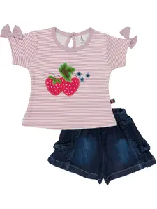 Little Folks Girls Mauve & White Striped T-shirt with Shorts with Applique Detail