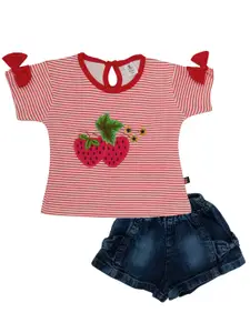 Little Folks Girls Red & Blue Striped T-shirt with Shorts