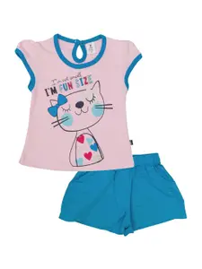Little Folks Girls Pink Printed Top with Blue Shorts
