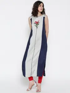 Wishful by W Women Grey & Navy Colourblocked Straight Kurta