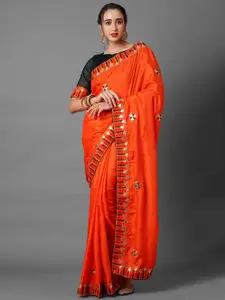 Mitera Orange & Black Floral Embroidered Silk Blend Saree