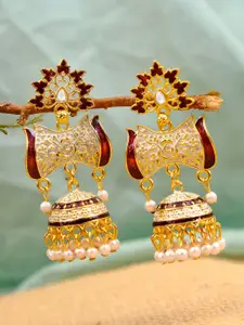 Crunchy Fashion Gold Plated White & Red Dome Shaped Jhumkas Earrings
