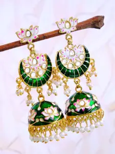 Crunchy Fashion Gold-Plated & Green Contemporary Lotus Style Chandbalis Earrings