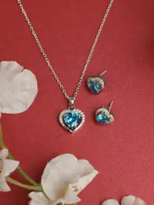 Clara Women Silver-Toned & Blue Rhodium-Plated Pendant & Earrings Jewellery Set
