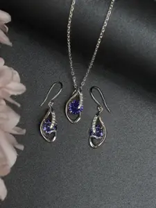 Clara Women Silver-Toned & Blue Rhodium-Plated Pendant & Earrings Jewellery Set
