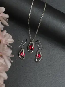 Clara Women Silver-Toned & Red Rhodium-Plated Pendant & Earrings Jewellery Set