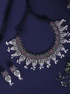 Yellow Chimes Women Silver & Black Silver-Plated Oxidised Lakshmi Necklace With Earrings