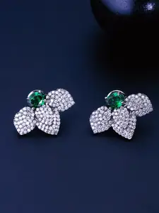Yellow Chimes Green &White Stone Studded Leaf Shaped Studs Earrings