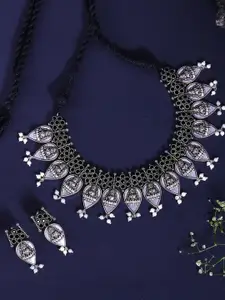Yellow Chimes Woman Oxidised Silver Stone Studded pearl Lakshmi Choker Necklace Set