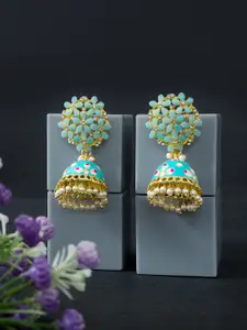 Golden Peacock Turquoise Blue & Gold-Toned Dome Shaped Jhumkas Earrings