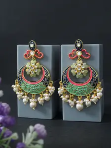 Golden Peacock Gold-Plated Gold-Toned And Green Crescent Shaped Chandbalis Earrings