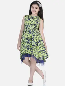 StyleStone Girls Lime Green & Blue Tropical Printed High-Low Net Dress