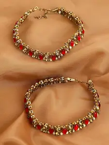 ANIKAS CREATION Set Of 2 Red & White Kundan-Studded & Pearl Beaded Handcrafted Anklets