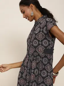 Taavi Black & Blue Ajrakh Hand Block Print Sustainable A-Line Midi Dress with Pocket