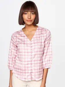 AND Women Pink & White Checked  V Neck Shirt Style Top