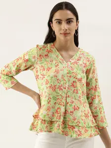 AND Women Lime Green & Pink Floral Print Top