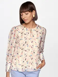 AND Women Cream-Coloured & Pink Printed Accordian Pleated Puff Sleeves Top