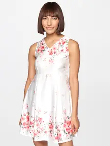 AND Women White & Red Floral Printed V-Neck Fit And Flare Dress