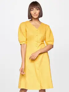 AND Women Yellow Solid Linen A-Line Dress
