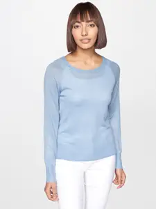 AND Blue Solid Knitted Raglan Sleeve Top