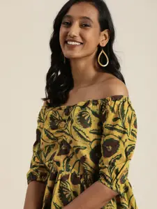 Taavi Yellow Floral Ajrakh Hand Block Print Off-Shoulder Puff Sleeve Top
