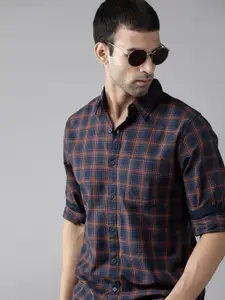 Roadster Men Navy Blue & Brown Pure Cotton Windowpane Checked Sustainable Casual Shirt