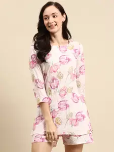 Prakrti Women Off White & Pink Pure Cotton Digital Floral Printed Crinkled Short Set