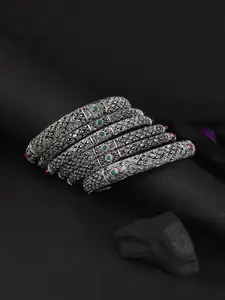 Adwitiya Collection Women Set Of 6 Oxidised 24 CT Silver-Plated Red & Green Stone Studded Bangles