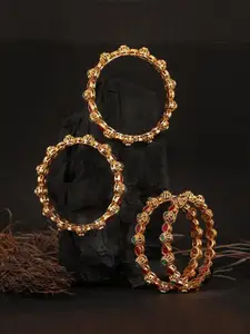 Adwitiya Collection Set Of 4 24k Gold-Plated Red & Green Stone-Studded Handcrafted Bangles