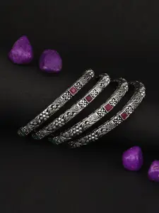 Adwitiya Collection Set Of 4 Oxidised 24 CT Silver-Plated Red Stone Handcrafted Bangles