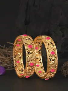Adwitiya Collection Set Of 2 24 CT Gold-Plated Pink Stone Studded Handcrafted Bangles