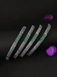Adwitiya Collection Set Of 4 Oxidised 24 CT Silver-Plated Red & Green Stone Bangles