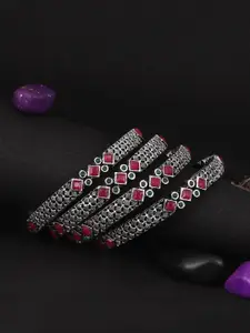 Adwitiya Collection Set Of 4 Oxidised 24 CT Silver-Plated Red & Green Stone Studded Bangles