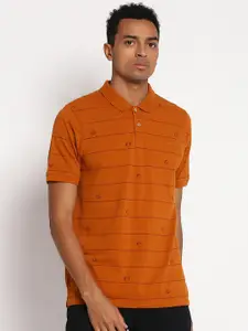 Lee Men Orange Striped Polo Collar Cotton T-shirt