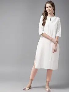 W Women Off White Ethnic Motifs Printed Keyhole Neck Pure Cotton Kurta